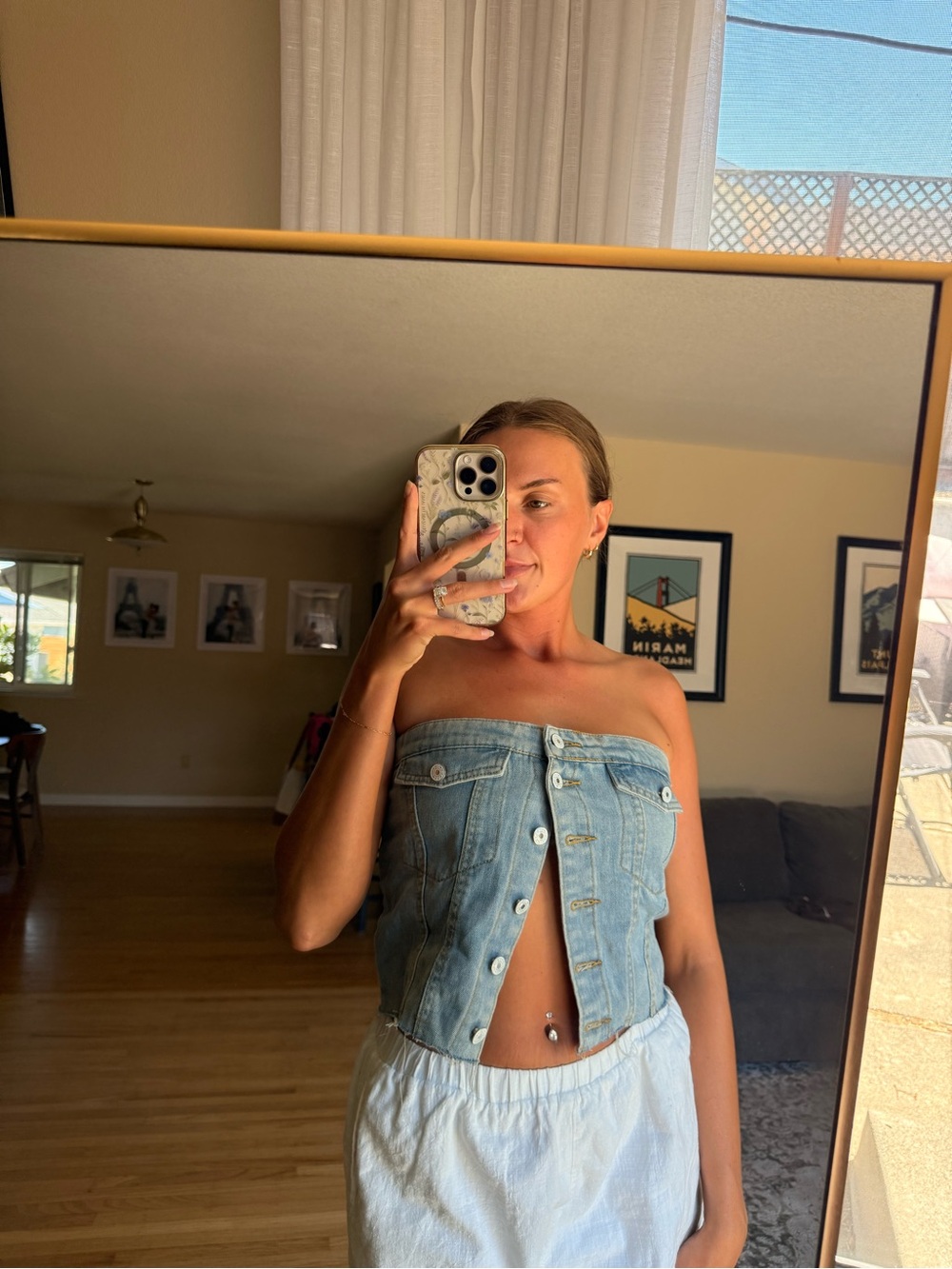 Denim Strapless Button-Front Women’s Jeans Top - Blue